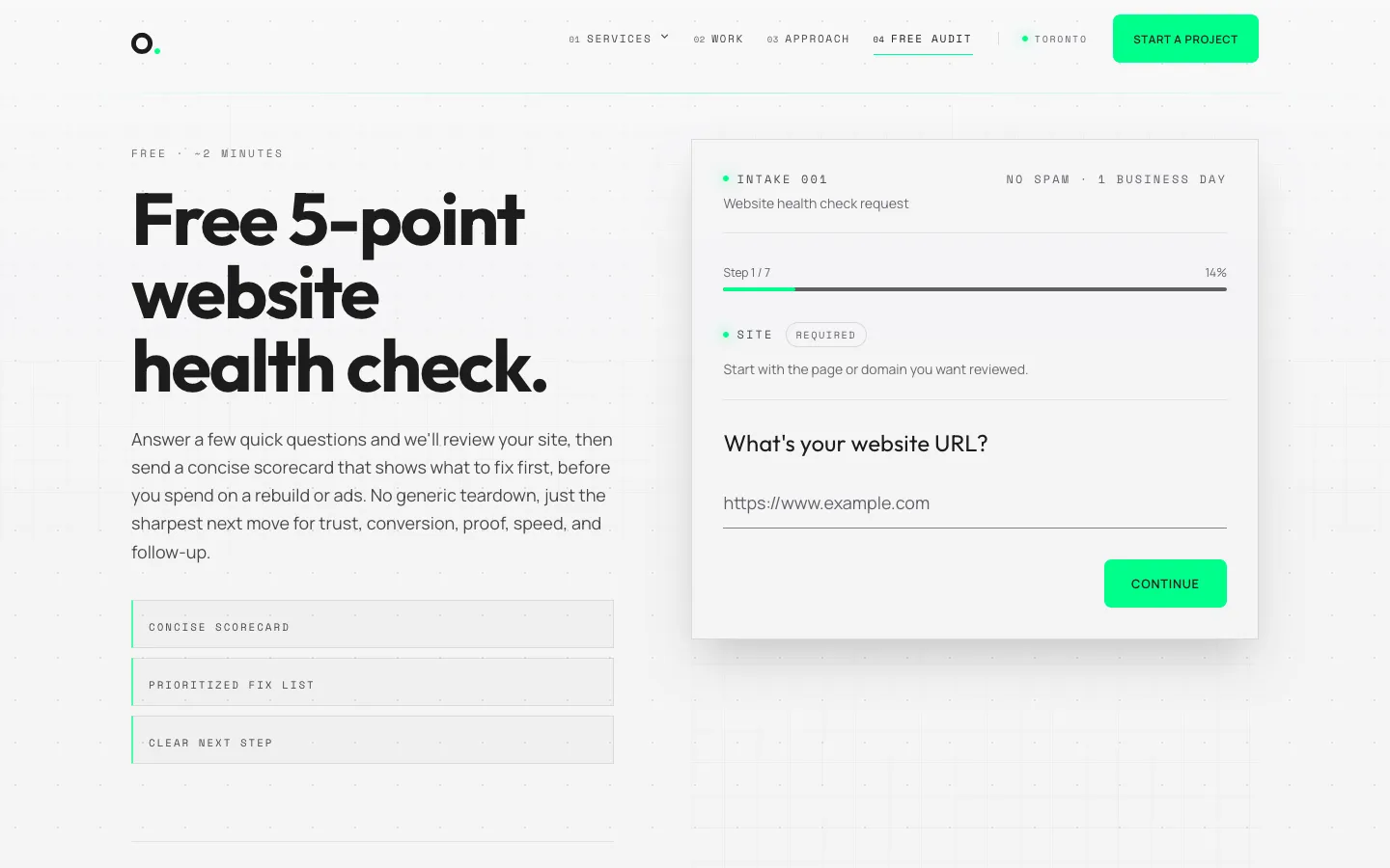 OHM Labs health check page on desktop: the headline "Free 5-point website health check." beside a seven-step intake form that starts with the website URL.
