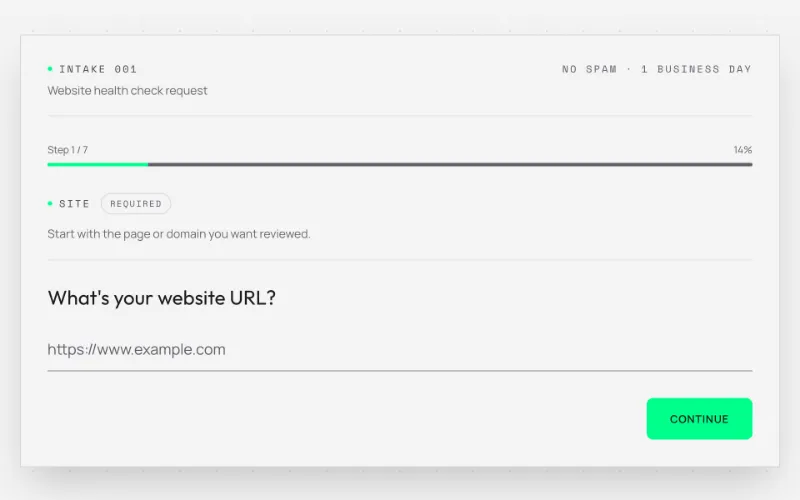 The health check intake form at step 1 of 7, asking "What’s your website URL?" above a green Continue button.
