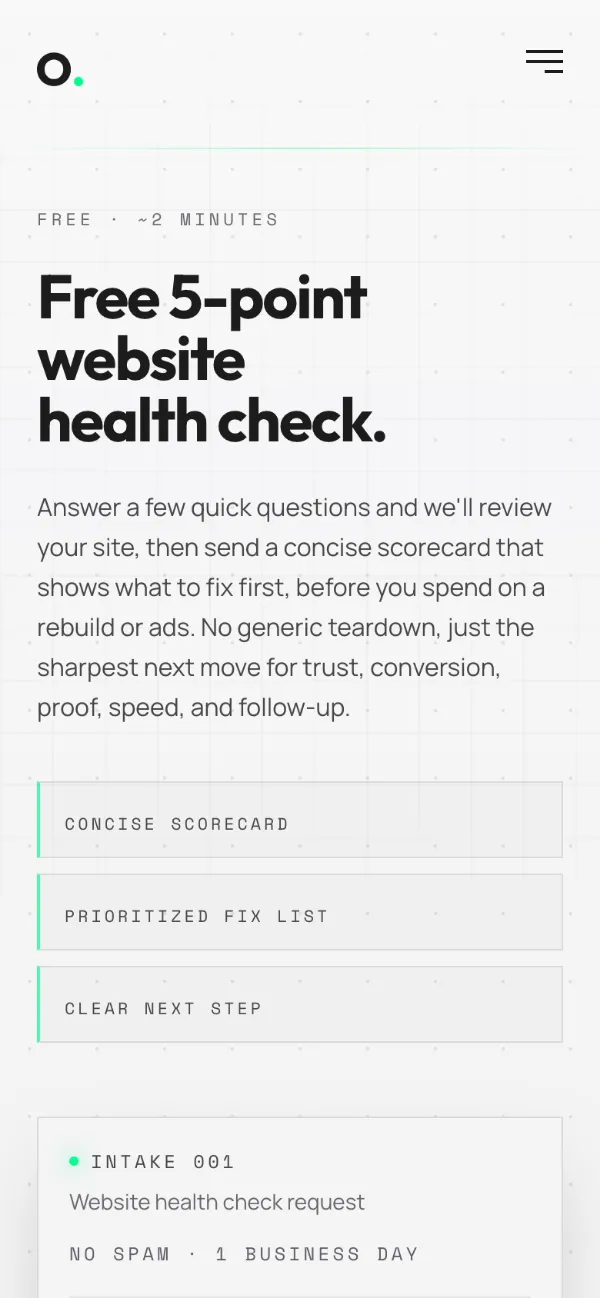OHM Labs health check page on a phone: the headline above three promises, a concise scorecard, a prioritized fix list and a clear next step.