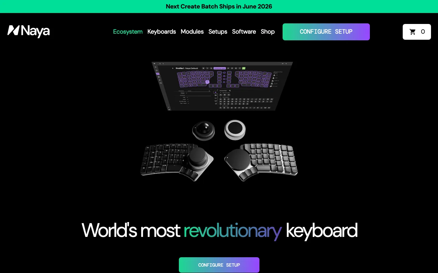 Naya homepage on desktop: a black hero with the split keyboard, two modules and the Naya Flow app above the line "World's most revolutionary keyboard".