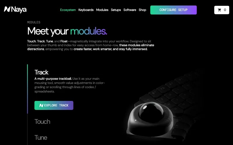 Naya modules section: "Meet your modules." with the Track trackball module lit on black.