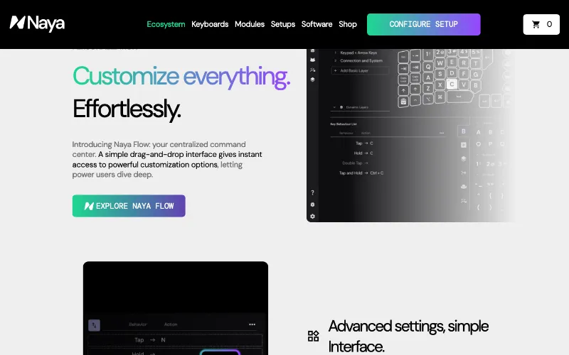 Naya Flow section: "Customize everything. Effortlessly." on a light background beside the key-mapping software.