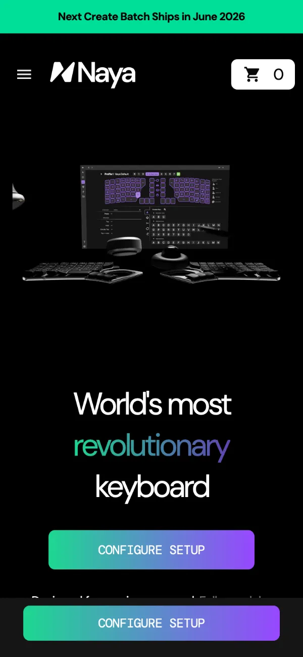 Naya homepage on a phone: the keyboard and its modules above the headline, with a sticky "Configure setup" bar at the bottom.