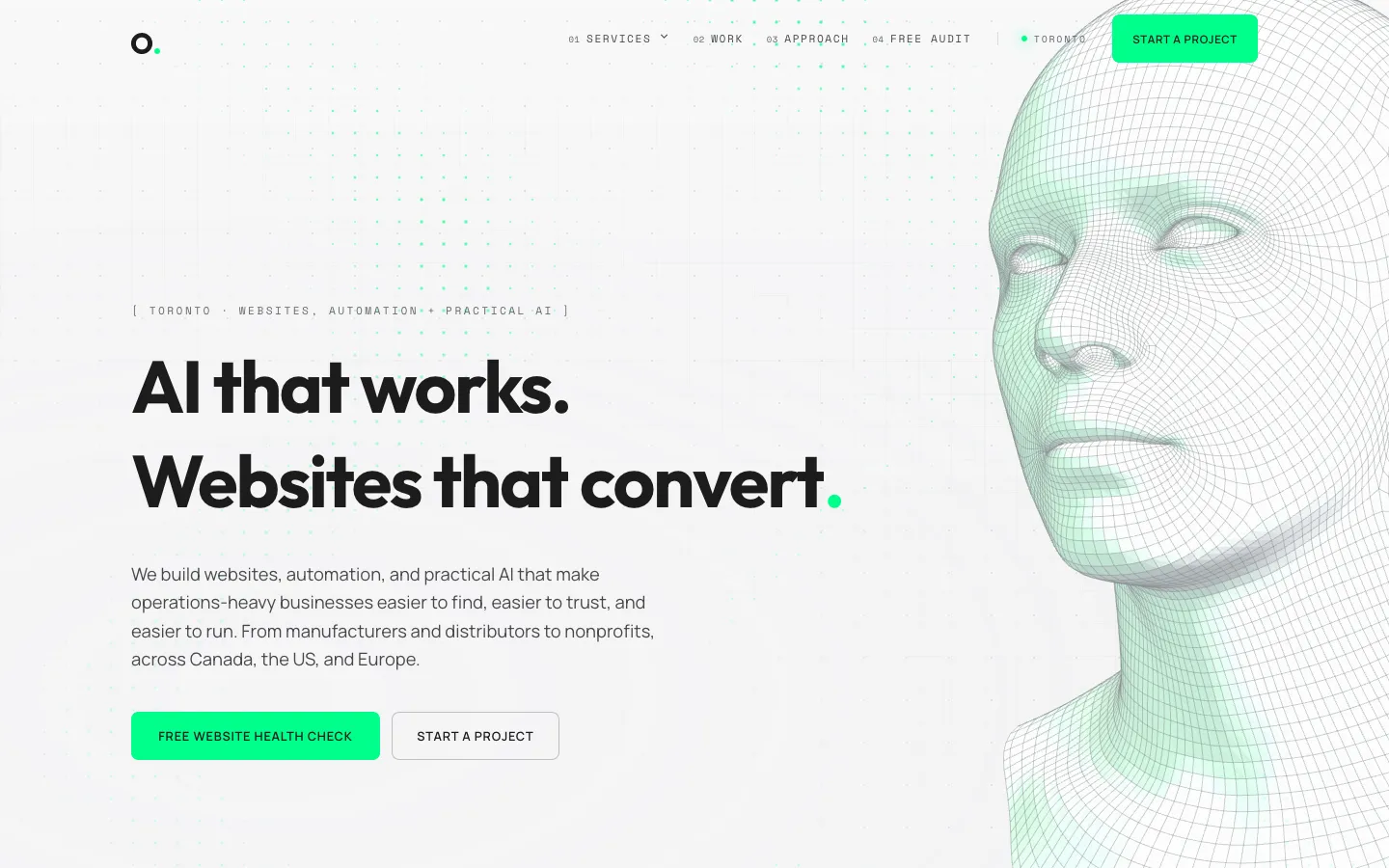 OHM Labs homepage on desktop: the headline "AI that works. Websites that convert." beside a wireframe 3D head, with a mint "Free website health check" button.