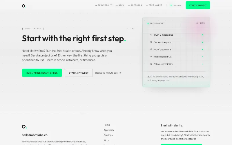 OHM Labs free intake section: a prompt to run a free health check beside a scorecard for trust, conversion path, proof placement, mobile speed and follow-up.
