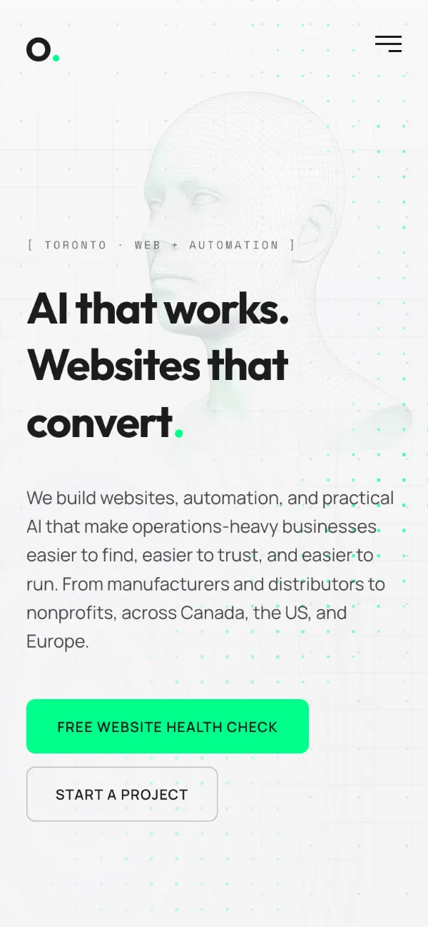 OHM Labs homepage on a phone, with the headline stacked above both buttons.