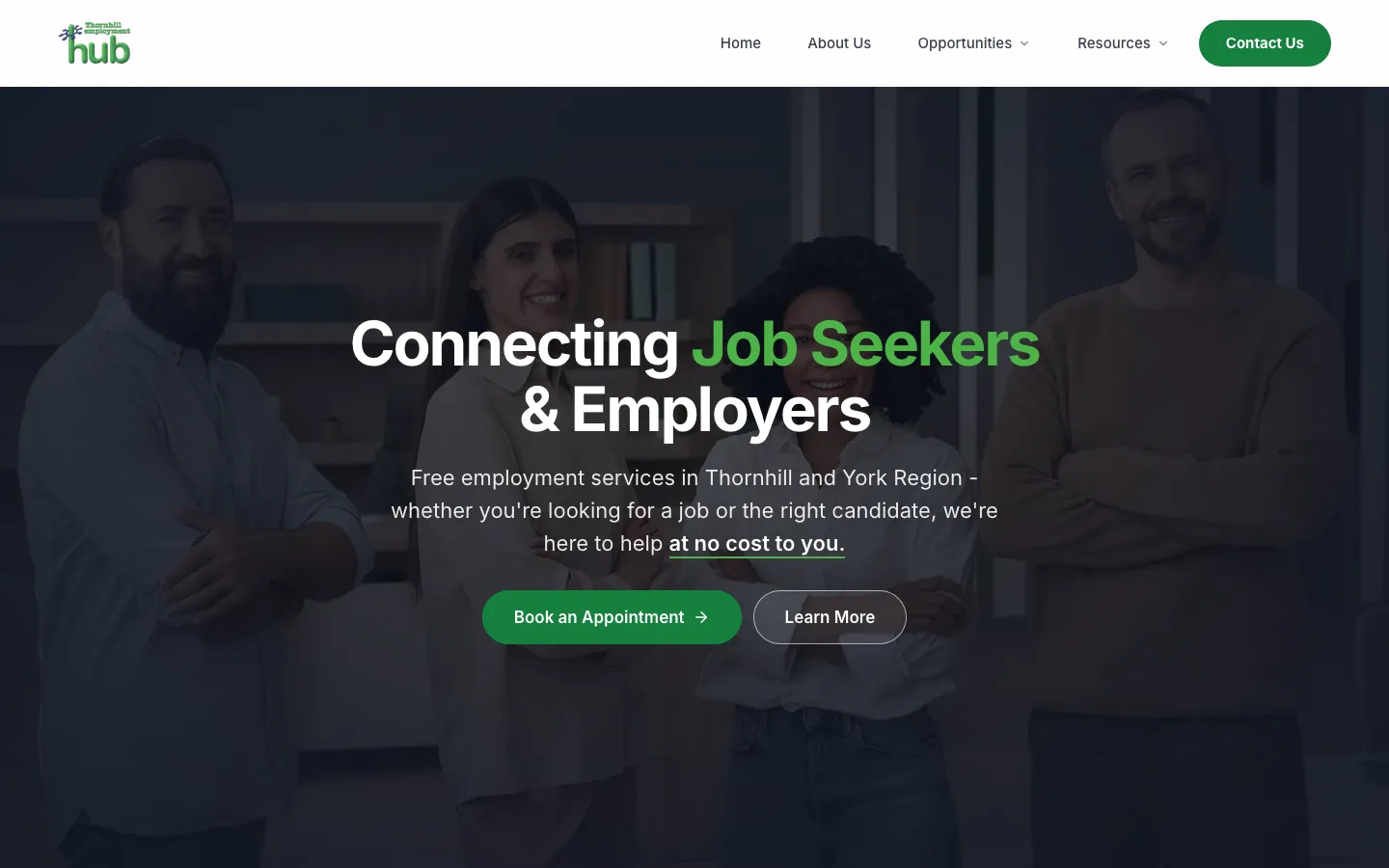 Thornhill Employment Hub homepage on desktop: "Connecting Job Seekers & Employers" over a team photo, with a green "Book an Appointment" button.