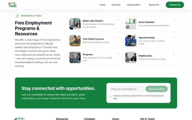 Thornhill Employment Hub programs and resources section: six cards for Better Jobs Ontario, the event calendar, free online courses, apprenticeship, programs and helpful links.
