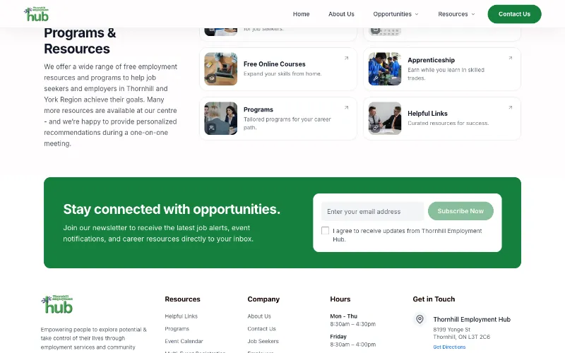 Thornhill Employment Hub newsletter band: a green "Stay connected with opportunities" sign-up for job alerts.