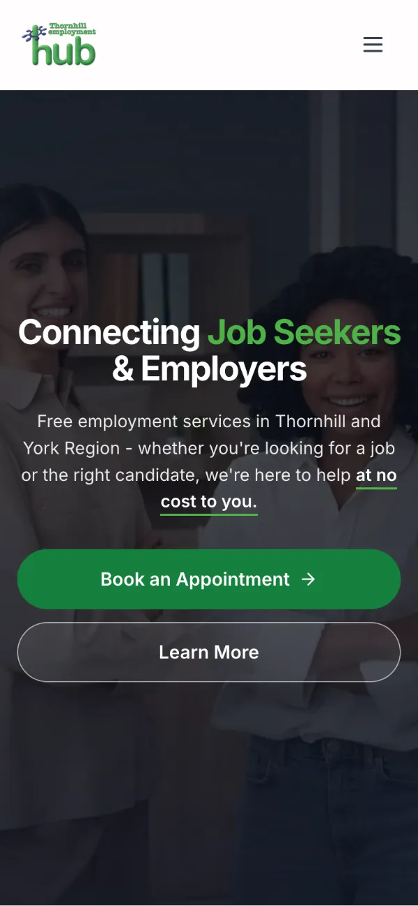 Thornhill Employment Hub homepage on a phone, with the headline and both buttons above the fold.